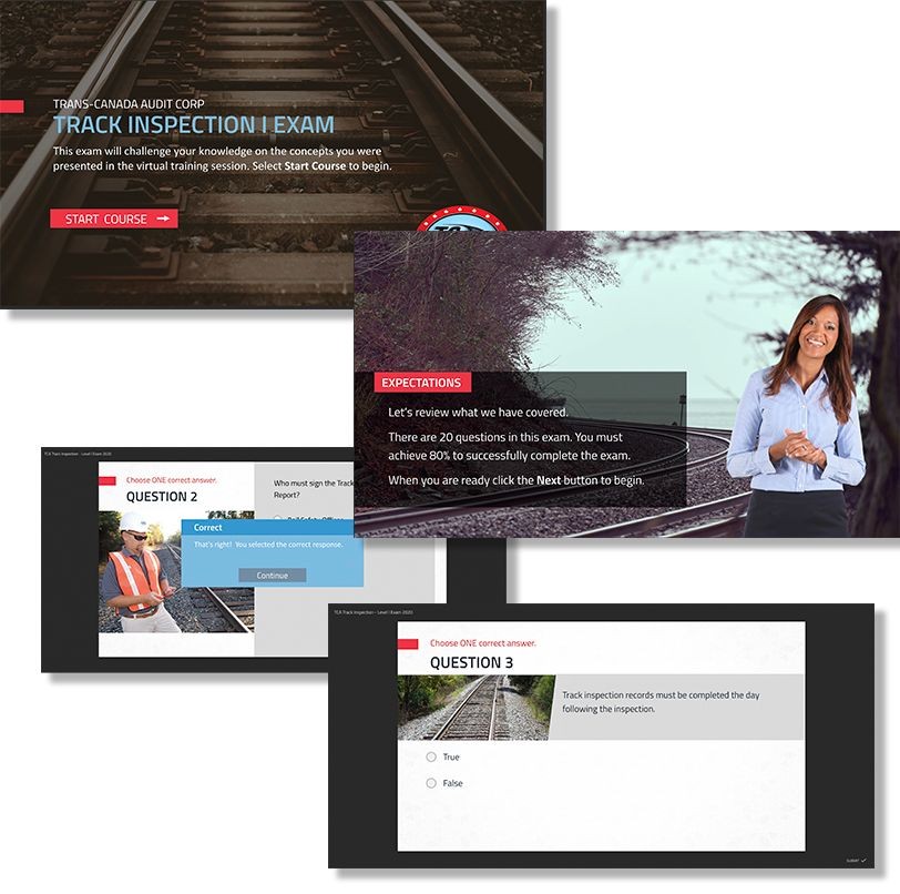 Train track inspection exam interface with questions and a presenter.