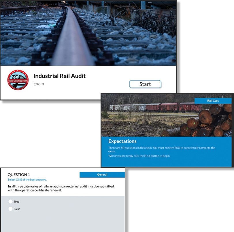 Collage of industrial rail audit exam interface with questions and railway imagery.