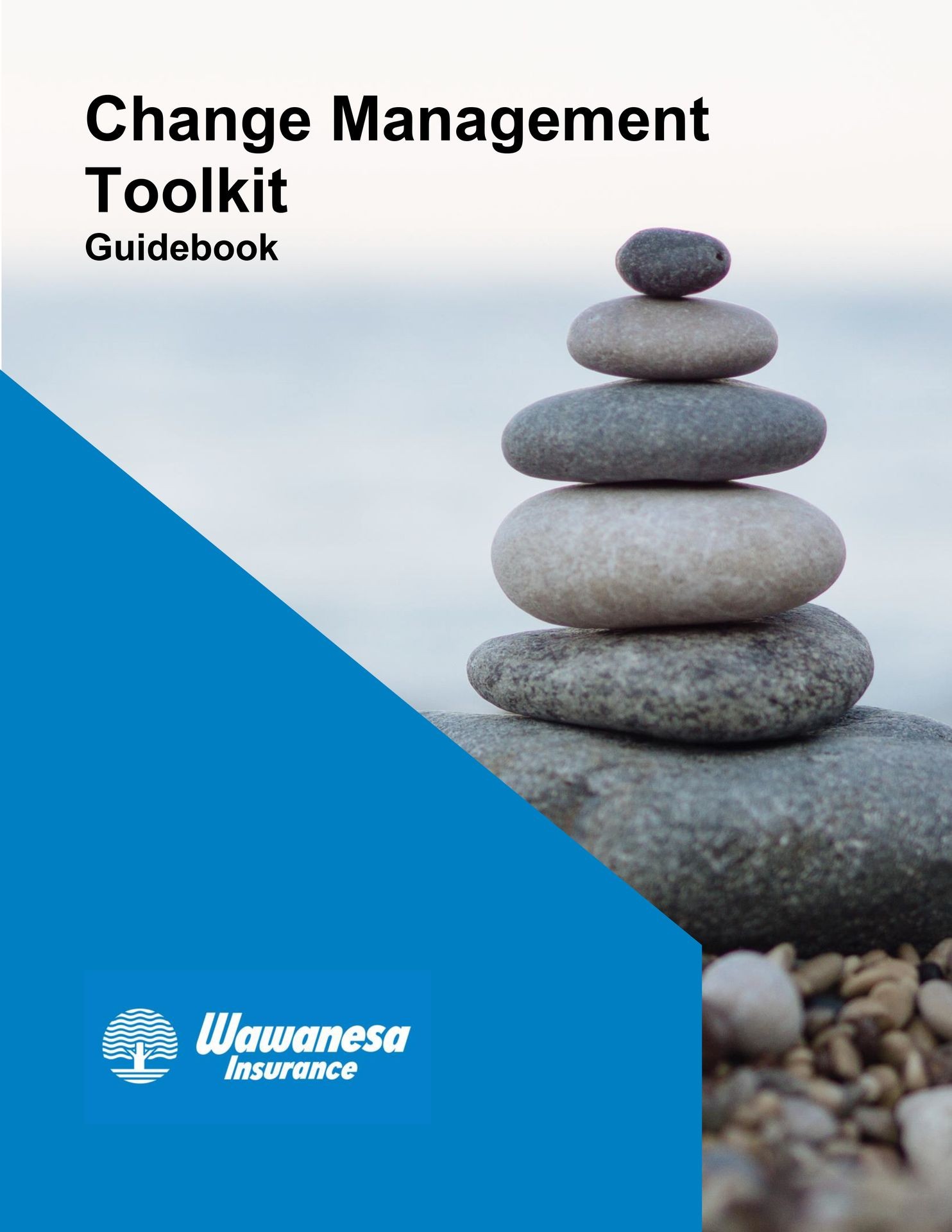 Guidebook cover with stacked stones and Wawanesa Insurance logo on a blue background.