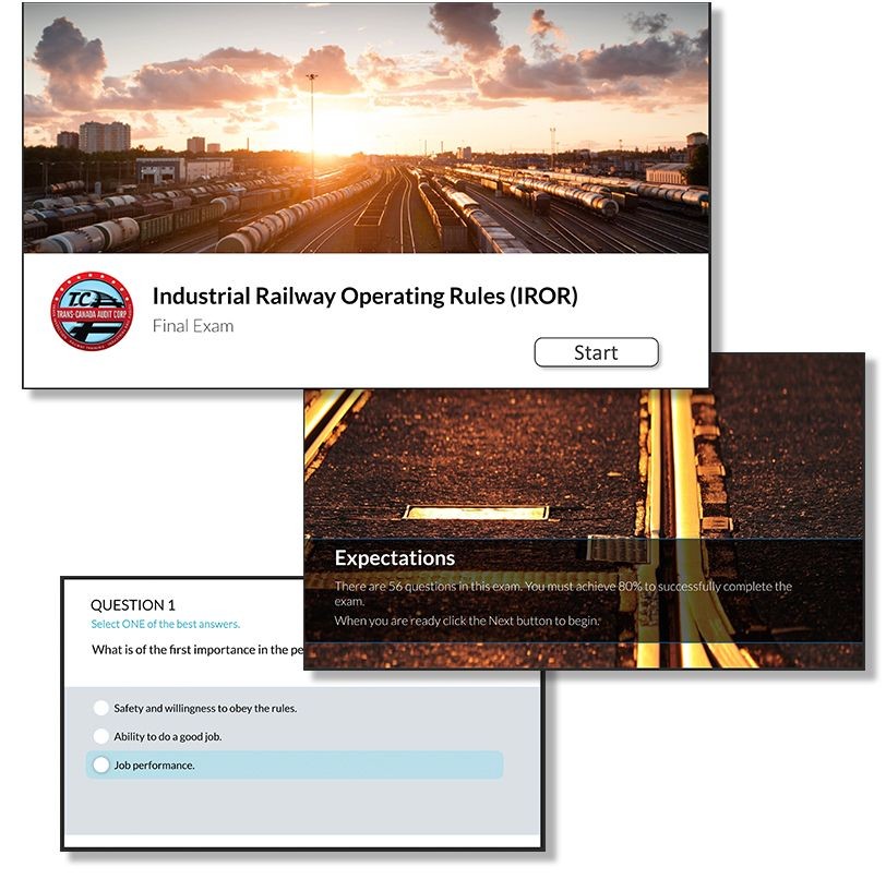 Screenshots of an industrial railway operating rules exam interface with a sunset over train tracks.