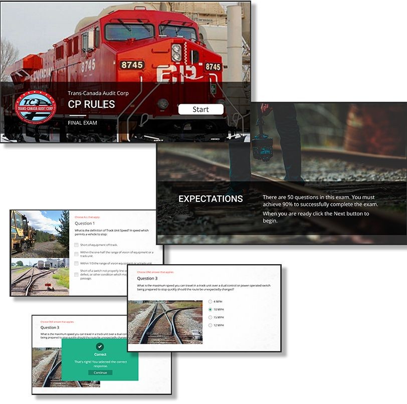 Collage of train-themed exam interface, including a red locomotive and multiple choice questions.